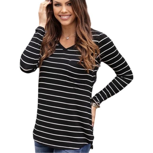 Grace & Lace Long Sleeve Perfect Pocket Tee In Black With White Stripes Size L - Picture 10 of 14